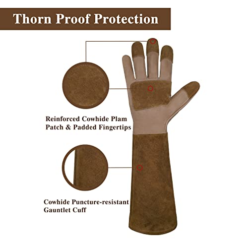 Handlandy Long Gardening Gloves For Men & Women, Cowhide Leather Rose Pruning Gloves- Breathable & Durable Gauntlet Gloves (Small, Brown) #TOP1