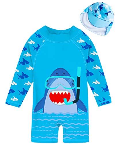 uideazone Baby Boy One Piece Sunsuit with Sun Hat Shark Surfning Suit Zip Long Sleeve Swimsuit 50+ Sun Protection