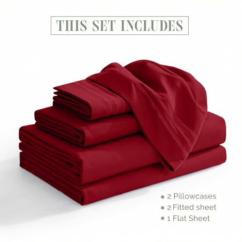 Image of Elegant Comfort Luxurious 1500 Premium Hotel Quality Microfiber Three Line Embroidered Softest 5-Piece Bed Sheet Set, Wrinkle and Fade Resistant, Split King, Burgundy
