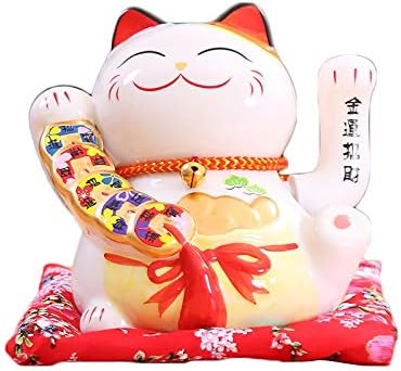 Chinese Feng Shui Porcelain White Lucky Waving Cat Figure With Moving Arm Ceramic Maneki Neko Waving Fortune Cat Statuette for Home Office and Shop Decoration 16x14x16cm/6.3x5.5x6.3inch, B