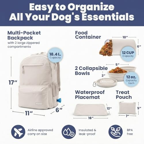 Image of Dog Travel Bag for Supplies - Complete Dog Diaper Bag Backpack with 2 BPA-Free Travel Bowls, Treat Pouch, Food Container, Placemat & Laptop Sleeve - for Traveling, Road Trips, Hiking: Beige
