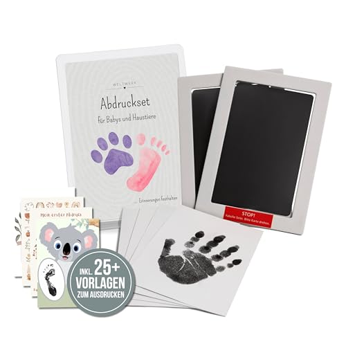 WELTWERK Stempelkissen für Handabdruck Baby und Fußabdruck Baby [2er Set] für Neugeborene & Haustiere – ungiftig & sicher – Geschenk zur Geburt & Babyparty – inkl. Vorlagen zum Ausdrucken