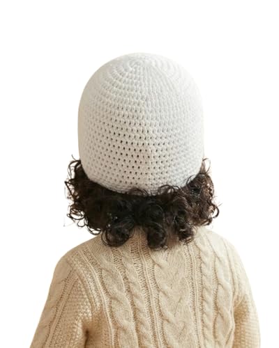 Image of Handmade Knitted Self Design Woolen Beanie Cap for Kids - White & Red 6-12 M | Winter Cap for Baby | FUNCAP56-6-12 M