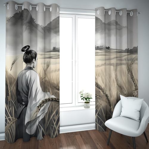 CHERHERART Cortinas Opacas al Estilo Chino Figura Tradicional Paisaje de Campos de Trigo Montañas Cortinas de Ventana de Ojal para salón Oficina 2xB140xH183