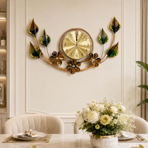 Image of SHREE 'O' GREEN TECH - Large Metal Wall Clock with Golden Leaf Floral Design, Modern Luxury Wall Art for Living Room, Bedroom, Office and Hotel Interior Decoration, 31 x 20 Inch