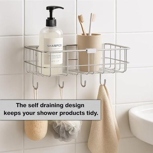 Image of Sulfar Steel Self Adhesive Multipurpose Bathroom Shelf with Hooks /Towel Holder /Rack /Bathroom Accessories-Wall Mount (Black,Powder Coated) (Pack of 1)