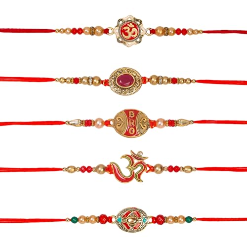 Set of 5 Rakhi for Brother & Sister Om Rakhi | Raksha bandhan Designer Rakhi Bracelet for Brother Kundan Rakhi for Bhaiya Rakhi with Greeting Card & Roli Chawal 6