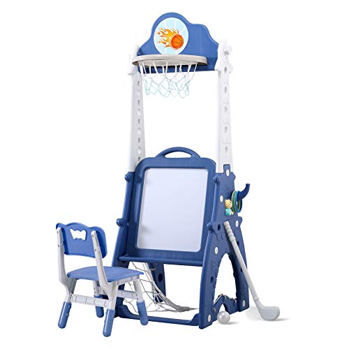 UNICOO – Kids Multifunction Study Table and Chairs Set, Height Adjustable Kids Basketball Hoop, Kids Art Easel, Soccer Goal, Golf Game, Ring Toss, Darts, (7 in 1 Sports Activity Center - Blue)