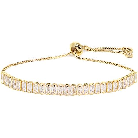 by you Women Fashion Cubic Zirconia Charm Tennis Adjustable Pull String Bracelet Gold Silver Color (Clear Rectangle 5mm - Gold) Cover