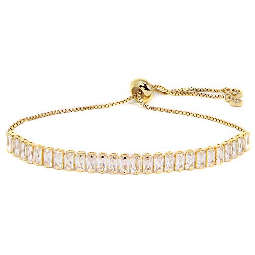 by you Women Fashion Cubic Zirconia Charm Tennis Adjustable Pull String Bracelet Gold Silver Color (Clear Rectangle 5mm - Gold)