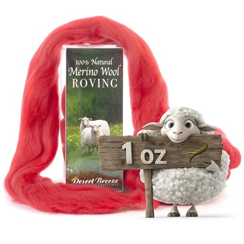 Image of Desert Breeze Distributing 100% Natural Merino Wool Roving - Premium Combed Top Merino Roving Wool - Tapestry, Spinning, Wet Felting & Needle Felting Supplies - 21.5 Micron - 1 oz, Color Red