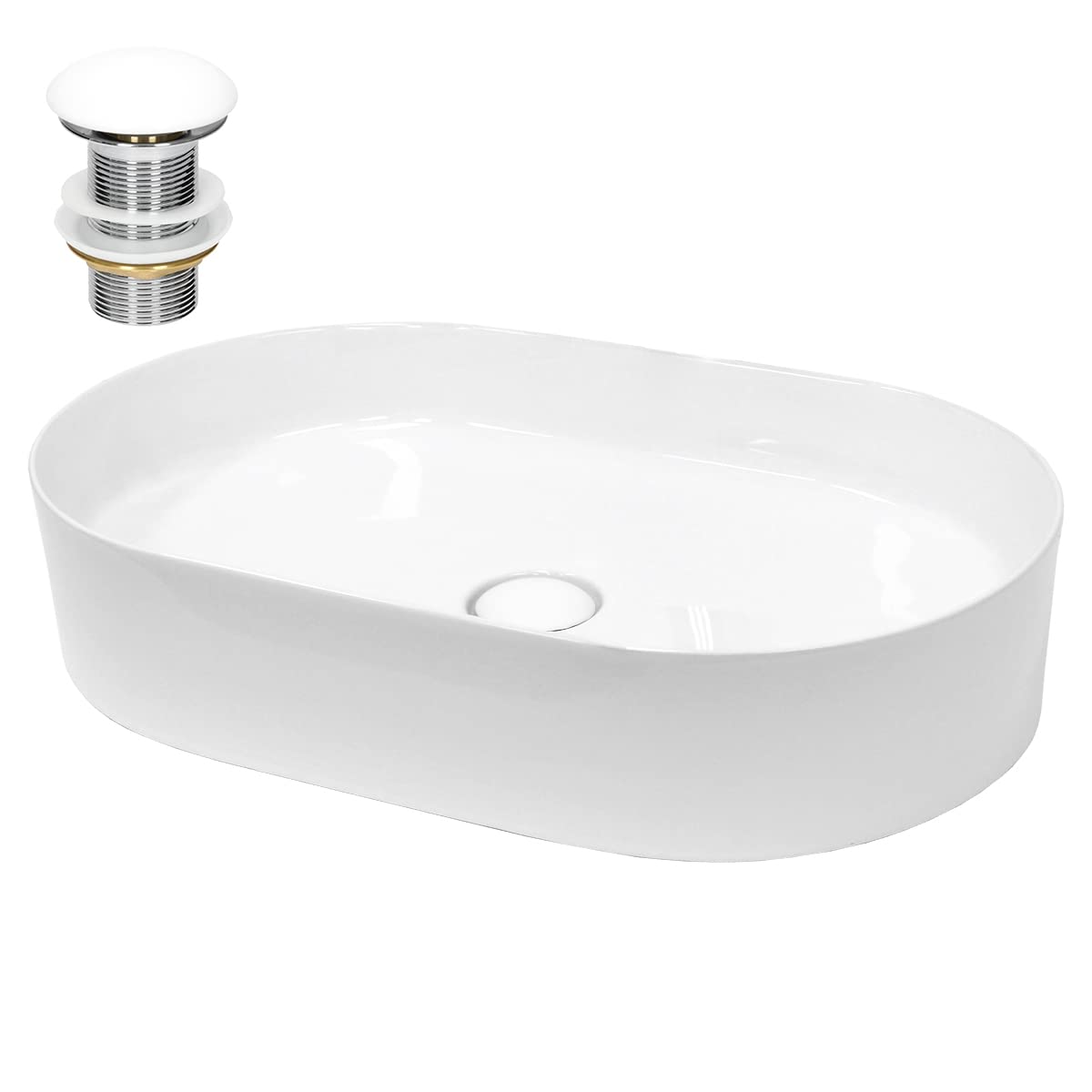 ECD Germany Lavabo en Céramique Blanc 605x380x125 mm avec Garniture de Vidage 1 1/4" Universelle sans Trop-Plein, Design Ovale, Vasque à Poser Moderne, Évier Lave-Mains pour Salle de Bain et Toilette