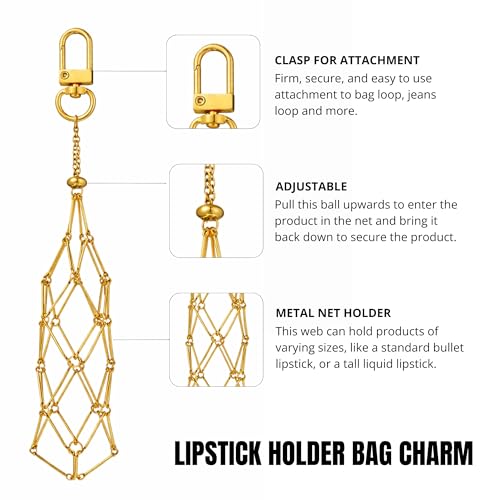 Image of SALVE Baddie Metal Mesh Lipstick Holder Bag Charm for Handbags | Portable Chapstick Keychain Sleeve, Travel Lip Balm Organiser | Cute Key Chain for Girls with Gold-Toned Clasp