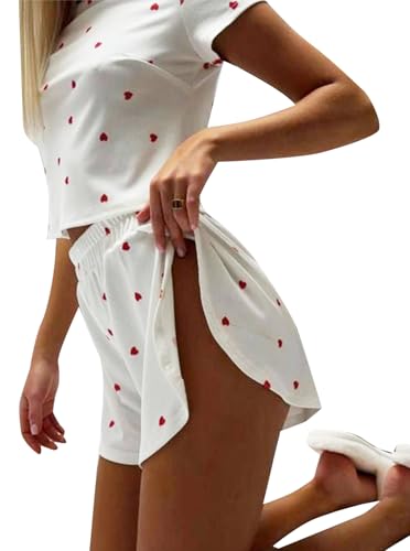 Image of Remidoo Womens Split Short Pajama Set Striped Tee Shirts and Shorts Slit Pajamas Pj Sets White Large