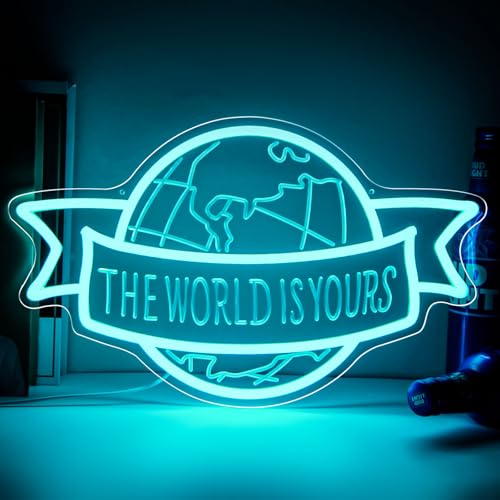Image of The World Is Yours Neon Sign Motivational Blue LED Neon Light for Classroom | Dimmable Motivational Neon Light for Bedroom Man Cave Wall Decor Unique Birthday Christmas Gift for Kids, Teens, Adults