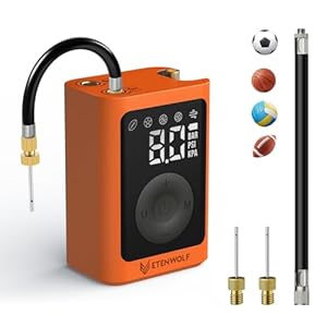 ETENWOLF Elektrische Ballpumpe, Tragbare Luftpumpe Aufblas und Abpumpfunktion 0, 14-1, 17 Bar, Basketballpumpe mit präzisem Manometer, Wiederaufladbare Luftpumpe für Bälle, ballpumpe fußball (Orange)