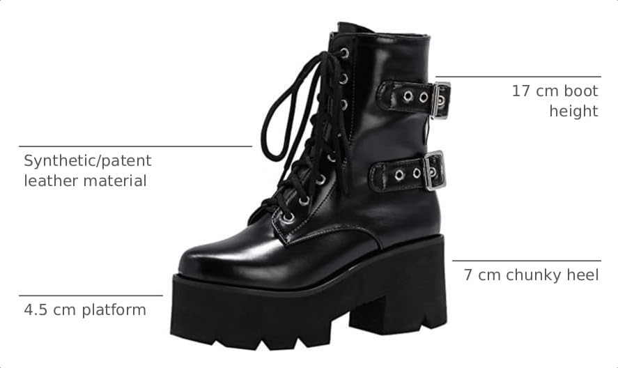 Image of Parisuit Womens Goth Patent Ankle Boots Platform Chunky Combat Boots | Lace Up, Gothic Boots, High Heel, Punk Short Booties, Buckle Boots, Chain Boots