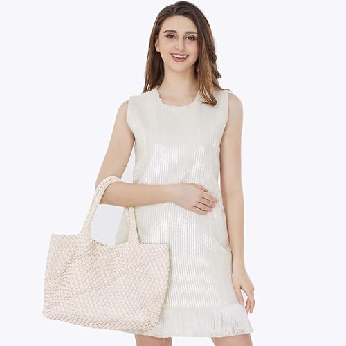 Image of Woven Tote Bag for Women Retro Handwoven Shoulder Travel Handbag Large Capacity Hobo Vegan Leather Bags with Purse