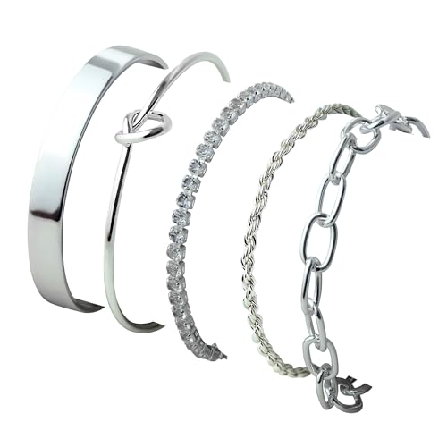 Nuthceia Silver Bracelet Stack Bangle Set With Mixed Metal Bangles, Chunky Jewelry Look Silver Chunky Bracelet Gift For Women Layered Fashion Accessory