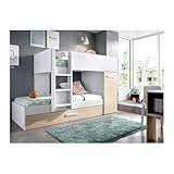 Befara Litera Tren Juvenil Lucas con Cama supletoria y Armario – 3 Camas compactas, 243x111x150 cm - Blanco/Natural