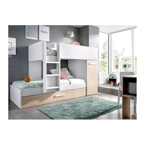 Befara Litera Tren Juvenil Lucas con Cama supletoria y Armario – 3 Camas compactas, diseño Moderno, Madera melaminizada, 243x111x150 cm - Blanco/Natural