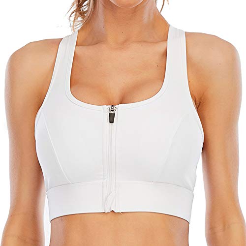 Cordaw Zipper In Front Closure Sports Bra High Impact Racerback Workout Yoga Top, White Medium #TOP5