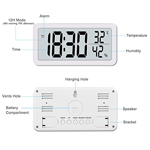 SZELAM 5.6 LCD Digital Alarm Clocks with Big Digit Display, Small Digital wall clock Slim Desk Clock Bedside Battery Powered with Temperature, Humidity, 12/24Hr, Snooze for Bedroom Home Office-White