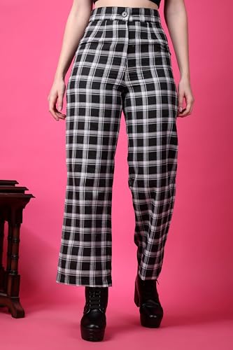 Image of POPWINGS Casual Check Print Button and Zip Closure Trouser for Women | Western Wide-Leg Trouser for Women | Summer Trousers for Women | Comfortable Semi-Formal Work Trouser for Women
