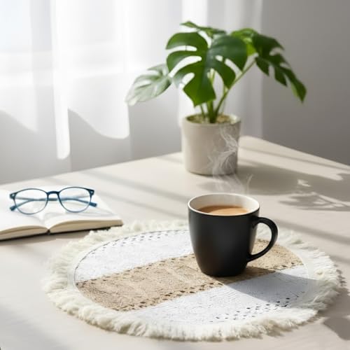 Image of HomeCloud Croshia Woven Table placemat - Heat Resistant, Washable Table Decoration for Dining, Office, Kitchen, Hotel, and Home (Round White Beige, Set of 1)
