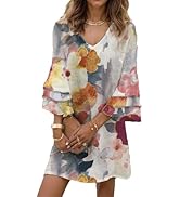 Women's Casual Boho Floral Beach Dress Ruffle 3/4 Sleeve V Neck Midi Summer Vacation Dresses