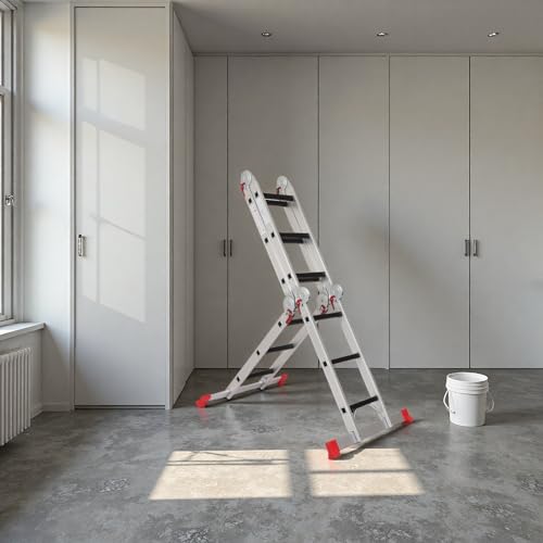 AMHANCIBLE Mehrzweckleiter, Leiter, 3.4M Aluleiter, 4 x 3 Stufen, Trittleiter, Haushaltsleiter, bis 150 kg,12 Stufen, in 6 Positionen, TÜV/GS Zertifiziert, Anti-Rutsch, Stabil und Robust EBAL01RD