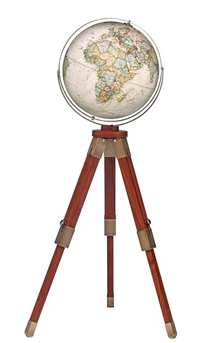 Eaton III 16" Diameter, National Geographic floor-standing globes is a beautiful home décor piece and hands-on reference guide for geography. This stylish globe with updated cartography will be the center piece for any room in your home or office. Also, the adjustable tripod stand allows for the globe to be displayed at a height that will make your viewing the most comfortable and easily adapting to different locaitons in your room. Thousands of place names give an accurate view of contemporary political boundaries. Raised relief helps distinguish topographic features around the world. Its antique brass plated gyro-matic meridian and hardware perfectly match the walnut stained hardwood legs and add to the look of this handsome tripod stand.