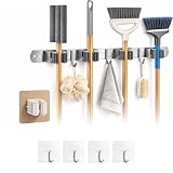 SANTTIARI Pack Colgador Escobas y Fregonas + 1 Soporte Escobas Pared Adhesivo+ 4...