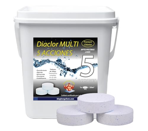 DIACLOR Multi 5 ACCIONES 5 KG - Pastillas de Cloro para Piscinas envasadas Individualmente - 25 Pastillas de Cloro Lento (200 gr- 7,5 cm Diámetro) - Tratamiento Completo 5 Efectos - SIN Cobre -