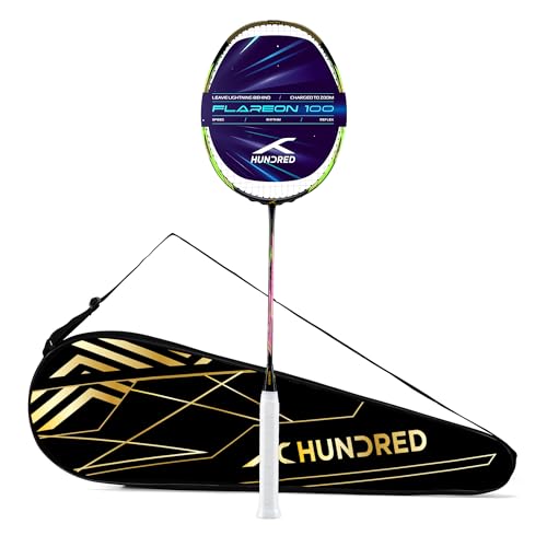 Image of Hundred Flareon 100 Badminton Racket (Unstrung)| Carbon Fiber Frame | Speed Racket for Fast Swings | Flexible Shaft | Max Tension 30 lbs | Full Cover Included