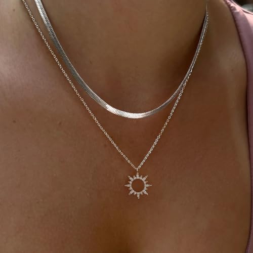 Moodear Sliver Layered Necklaces for Women Trendy Dainty Herringbone 925 Sterling Silver Snake Stack Sun Zirconia Pendant Choker Necklaces Jewelry Gifts2