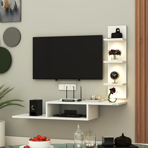 Image of Anikaa Engineered Wood LED Light TV Unit Wall Mounted TV Unit TV Cabinet Wall TV Stand for Living Room, Set Top Box Stand - White (D.I.Y - Do-It-Yourself) Ideal for Up to 43 inch Inches