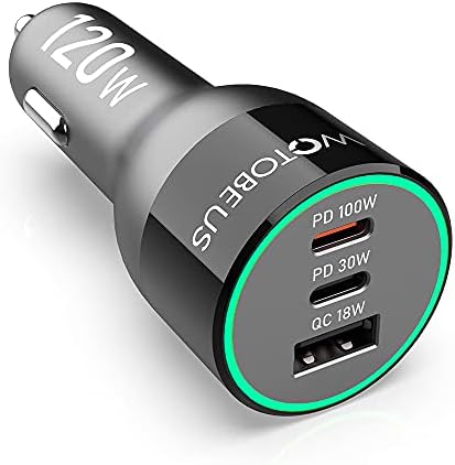 120W USB C Car Charger Adapter, WOTOBEUS PD 100W/PPS45W+30W PPS25W+18W Super Fast Charging Type-C LED Cigarette Lighter for iPhone 14 13 Pro Plus Samsung Galaxy S23/22/21 iPad MacBook Laptop Pixel