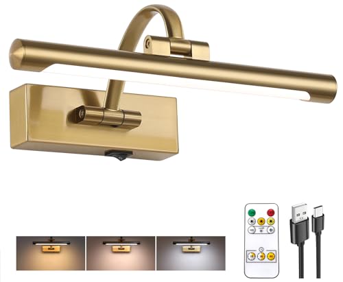 Tassuowell Rechargeable Picture Light with Remote Control,12 Inch Brass Finish Adjustable Wireless Art Lighting Fixture,Painting Lights with Timer,3 Color Temperature and Dimmable