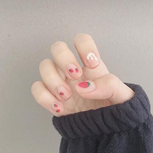 YERTTER 24pcs Strawberry Cute Glossy False Nails for Teen Girls Women and Ladies Square Head Short Fake Nails Full Cover Fingernails Tips Acrylic Nails (Milk-Strawberry)