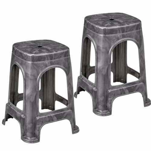 Image of PulGos Pack of 2 Grey Plastic Sitting Stool for Home, Office & Outdoor Use | Compact, Lightweight & Durable Stool for Adults & Kids | Use as Footrest, Side Table, Extra Seating for Living Room