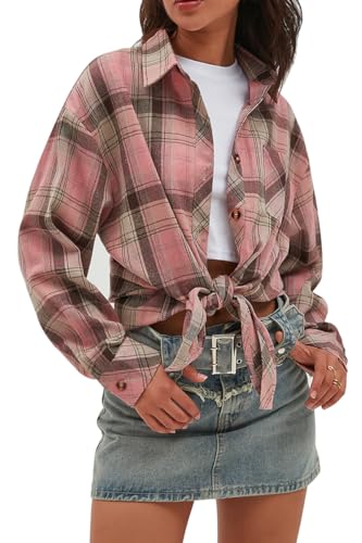 Image of CHYRII Womens Button Down Flannel Shirts Long Sleeve Plaid Shackets Business Casual Blouse Top
