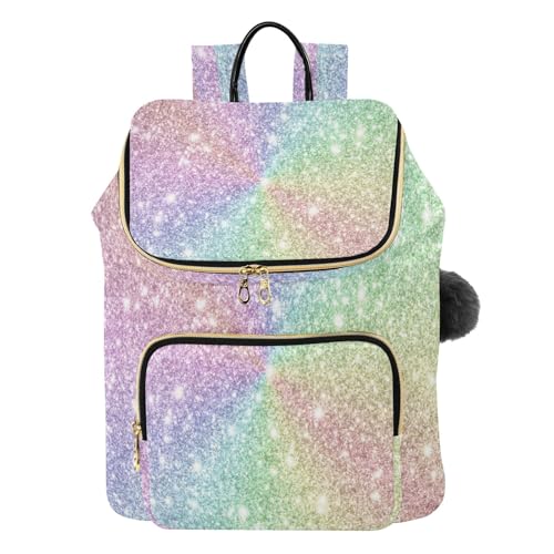 Mochila antirrobo con purpurina arcoíris para mujer, bolso urbano de senderismo con pompón