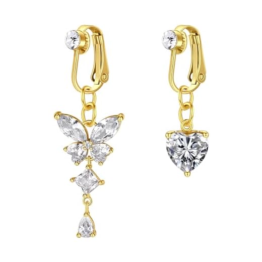 Rajnard Fake Bauchnabelpiercing Silber Gold Clip On Bauchnabel Piercing Chirurgenstahl Fake Belly Ring Piercing Herz Schmetterling CZ Diamant Piercing Schmuck für Damen Frauen