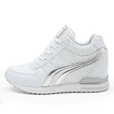  AONEGOLD® Zapatillas de Cuña para Mujer Zapatillas de Deporte Zapatillas Altas Primavera/Verano Tacón Cuña 7CM(Blanco,34 EU)