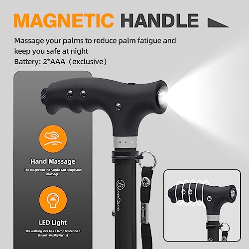 BeneCane Walking Cane Adjustable Cane Flexible Walking Cane - with The LED Light Lightweight Sturdy Portable Walking Stick - Balancing Mobility Aid for Men Women Seniors Comfortable Handle(Black)