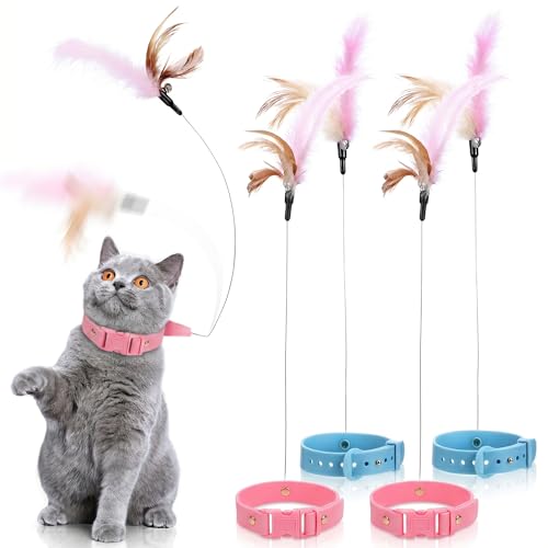 POPETPOP Cat Collar Toys 4 Pcs Adjustable Cat Collar Teaser Toys with Bell Interactive Toys for Indoor Cats Kitten Teaser and Exerciser for Chase Play