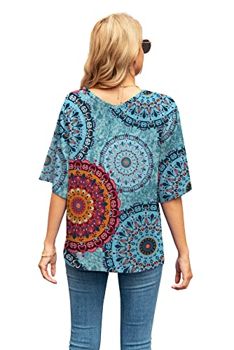 Sueani Women's Blouse Tops Loose V Neck 3/4 Bell Sleeve Shirt(Large, Fp Mix Blue) #TOP5