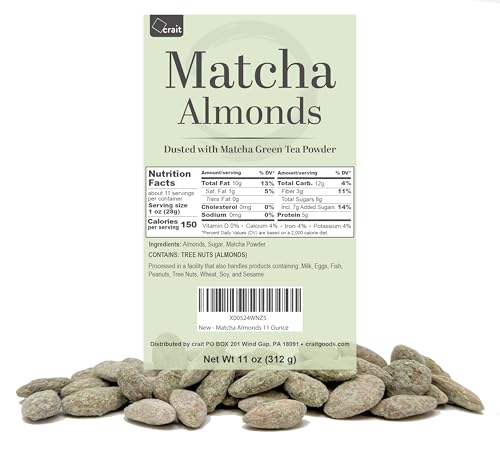 Matcha Almonds - 11 Ounce Bag - Green Tea Powder Coated Roasted Almonds - Sweet & Savory Nut Snack - Unique Gourmet Gift and Office Snack