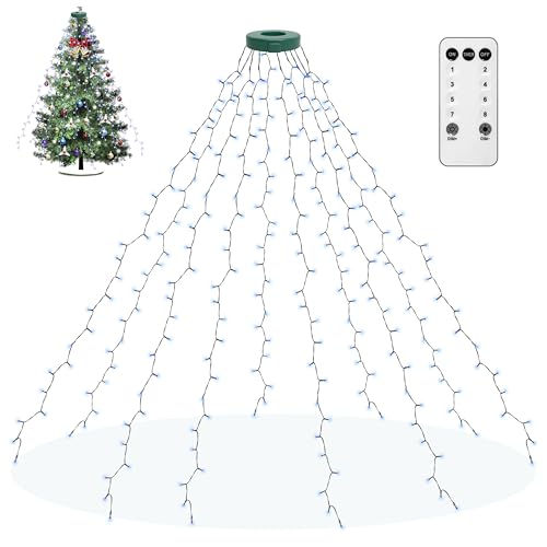 aneeway Weihnachtsbaum Lichterketten 200LED Lichterkette mit 8 Leuchtmodi, 150cm Christbaumbeleuchtung mit Ring 10 Stränge Weihnachtsbeleuchtung, für 1m - 2m Baum